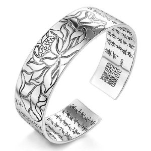 Buddha Stones Tibetan Lotus White Copper Luck Bracelet Bracelet BS Black Engraving