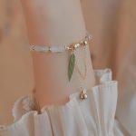 Buddha Stones 14K Gold Plated Hetian White Jade Bamboo Leaf Luck Protection Bracelet Bracelet BS 2