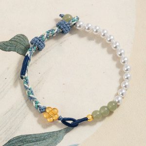Buddha Stones 925 Sterling Silver Hetian Jade Peach Blossom Flower Pearl Braided Luck Bracelet 1