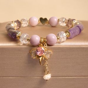 Buddha Stones Amethyst Green Aventurine Strawberry Quartz Positive Elephant Charm Bracelet 1