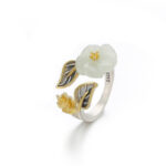 Buddha Stones 925 Silver Plated Copper White Jade Plum Flower Leaf Luck Ring Rings BS 12