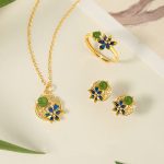 Buddha Stones 925 Sterling Silver Natural Hetian Cyan Jade Flower Luck Necklace Pendant Ring Earrings Set Bracelet Necklaces & Pendants BS 3Pcs (Necklace&Ring&Earrings)
