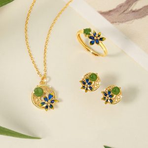 Buddha Stones 925 Sterling Silver Natural Hetian Cyan Jade Flower Luck Necklace Pendant Ring Earrings Set Bracelet Necklaces & Pendants BS 3Pcs (Necklace&Ring&Earrings)