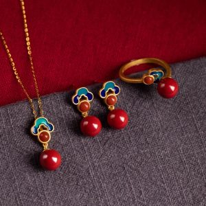 Buddha Stones 925 Sterling Silver Plated Gold Cinnabar Red Agate Blessing Necklace Pendant Earrings Ring Set Bracelet Necklaces & Pendants BS 3Pcs(Necklace&Ring&Earrings)