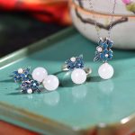 Buddha Stones White Jade 925 Sterling Silver Pearl Flower Blessing Necklace Pendant Ring Earrings Bracelet Necklaces & Pendants BS Silver 3Pcs(Ring&Necklace&Earrings)
