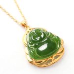 Buddha Stones 925 Sterling Silver Natural Hetian Cyan Jade Laughing Buddha 18K Gold Healing Necklace Chain Pendant Necklaces & Pendants BS 9