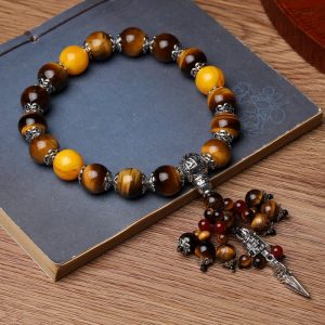 Buddha Stones Natural Tiger Eye Red Agate Dragon Vein Agate Stone Vajra Dorje Power Healing Bracelet Car Decoration Bracelet BS Tiger Eye