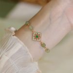 Buddha Stones Natural Hetian Jade Bead Square Pattern Luck Chain Bracelet Bracelet BS 11