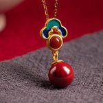 Buddha Stones 925 Sterling Silver Plated Gold Cinnabar Red Agate Blessing Necklace Pendant Earrings Ring Set Bracelet Necklaces & Pendants BS 6