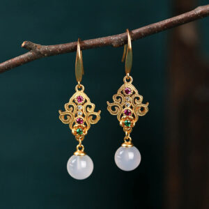 Buddha Stones 24K Gold Plated Round Chalcedony Positive Dangle Drop Earrings Earrings BS Chalcedony(Positive♥Harmony)