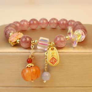 Buddha Stones Natural Strawberry Quartz Fu Character Pumpkin Charm Positive Bracelet Bracelet BS Strawberry Quartz(Wrist Circumference 14-16cm)
