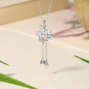 Buddha Stones 925 Sterling Silver Lotus Zircon Enlightenment Necklace Pendant 1