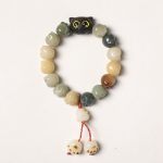 Buddha Stones Natural Bodhi Seed Lovely Paw Ebony Wood Lucky Cat Wisdom Bracelet Bracelet BS Multicolored Bodhi Seed Tassel Version(Wrist Circumference 14-15cm)