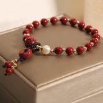 Buddha Stones Natural Cinnabar Peace Buckle Copper Coin Charm Blessing Bracelet Bracelet BS 6