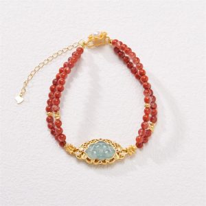 Buddha Stones 925 Sterling Silver Plated Gold Natural Red Agate Lotus Jade Calm Double Layer Bracelet Bracelet BS Red Agate 14-18cm