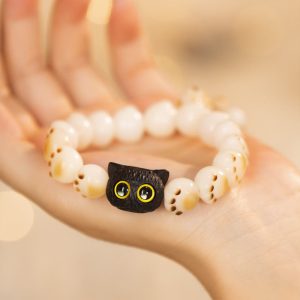 Buddha Stones Natural Bodhi Seed Red Sandalwood Lovely Paw Lucky Cat Peace Bracelet Bracelet BS Bodhi Seed&Cat (Wrist Circumference 14-16cm)