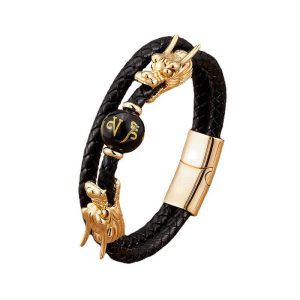 Buddha Stones Double Dragon Head Leather Stone Titanium Steel Success Bracelet (Extra 35% Off | USE CODE: FS35) Bracelet BS Gold Black Bead