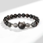 Buddha Stones Natural Silver Sheen Obsidian Cute Cat Head Protection Bracelet Bracelet BS Silver Sheen Obsidian(Wrist Circumference 14-15cm)
