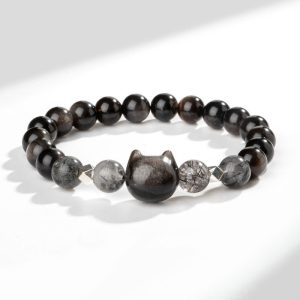 Buddha Stones Natural Silver Sheen Obsidian Cute Cat Head Protection Bracelet Bracelet BS Silver Sheen Obsidian(Wrist Circumference 14-15cm)