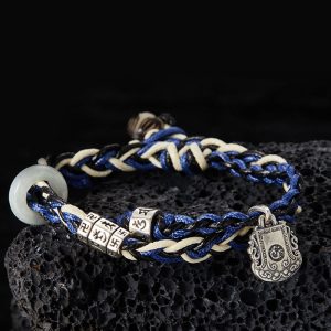 Buddha Stones 925 Sterling Silver Om Mani Padme Hum Swastika Handmade Protection Bracelet Bracelet BS 19cm fit for Wrist Circumference 17cm