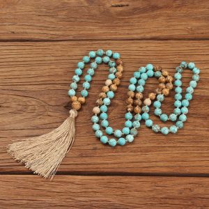 Buddha Stones 108 Mala Beads Turquoise Picture Jasper Wisdom Tassel Bracelet Mala Bracelet BS Turquoise&Picture Jasper