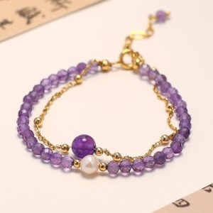 Buddha Stones 14K Gold Plated Amethyst Crystal Healing Double Layer Chain Bracelet Bracelet BS Amethyst(Inner Peace♥Healing)