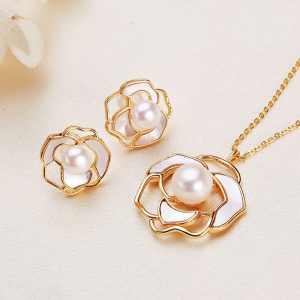 Buddha Stones 925 Sterling Silver Pearl Camellia Pattern Happiness Necklace Pendant Earrings Necklaces & Pendants BS Earrings&Necklace