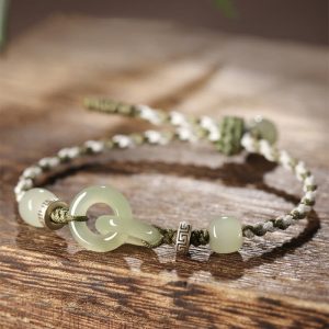 Buddha Stones Natural Hetian Jade Peace Buckle Luck Braided Bracelet Bracelet BS 20cm