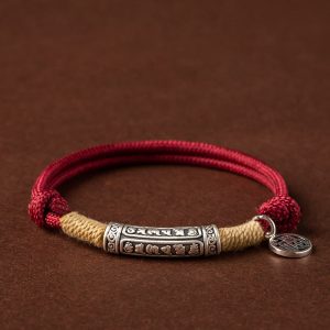 Buddha Stones 999 Sterling Silver Tibet Handmade Om Mani Padme Hum Fu Character TopRank Character Luck Braided Bracelet Bracelet BS Silver Om Mani Padme Hum Red Rope(Wrist Circumference 15-19cm)