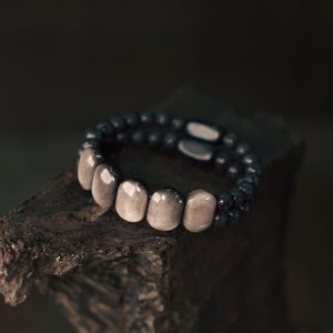 Buddha Stones Natural Silver Sheen Obsidian Lava Rock Communication Bracelet Bracelet BS 18cm fit for Wrist Circumference 17-17.5cm