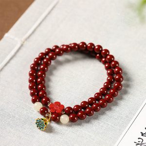 Buddha Stones Cinnabar Lotus Charm Double Wrap Blessing Bracelet Bracelet BS Cinnabar Lotus(Wrist Circumference: 14-15cm)