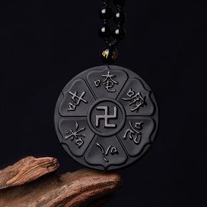 Buddha Stones Natural Black Obsidian Tibetan Om Mani Padme Hum Buddha Swastika Luck Necklace Pendant Necklaces & Pendants BS Om Mani Padme Hum(Love♥Focus)