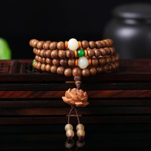 Buddha Stones 108 Mala Beads Peach Wood Bodhi Seed Lotus Prayer Meditation Bracelet Mala Bracelet BS Lotus Peach Wood