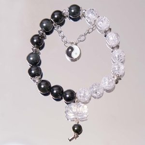 Buddha Stones Silver Sheen Obsidian Crackle Clear Quartz Black Rutilated Quartz Yin Yang Lotus Protection Bracelet Bracelet BS Silver Sheen Obsidian&Crackle Clear Quartz(Wrist Circumference 14-16cm)