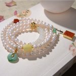 Buddha Stones 925 Sterling Silver Pearl Hetian Jade Red Agate Double Happiness Amber Luck Quadruple Wrap Bracelet Bracelet BS 7