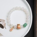 Buddha Stones Natural White Agate Red Agate Money Bag Fu Character Four Leaf Clover Protection Bracelet Bracelet BS White Agate Money Bag