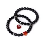 Buddha Stones 2Pcs Black Onyx Crystal Stone Love Heart Protection Support Couple Bracelet Bracelet BS Black Onyx&Red Agate
