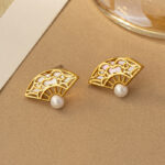 Buddha Stones 925 Sterling Silver Posts Fan Pattern Pearl Copper Wisdom Stud Drop Earrings Earrings BS 4