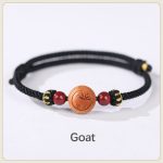 Buddha Stones Natural Peach Wood Chinese Zodiac Fu Character Carved Cinnabar Wealth Bracelet Bracelet BS Goat-Black(Wrist Circumference 14-22cm)