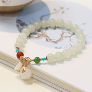 Buddha Stones Natural Hetian White Jade 14K Gold Plated Money Bag Blessing Bracelet Bracelet BS Hetian White Jade(Protection♥Blessing)