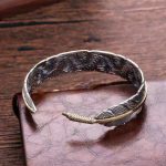 Buddha Stones Feather Pattern Carved Luck Wealth Cuff Bracelet Bangle Bracelet Bangle BS 7