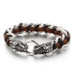 Buddha Stones Dragon Leather Titanium Steel Protection Luck Braided Bracelet Bracelet BS Silver&Brown