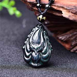 Buddha Stones Natural Rainbow Obsidian Nine Tailed Fox Inner Peace Necklace Beaded String Pendant Necklaces & Pendants BS Rainbow Obsidian(Love♥Positive)