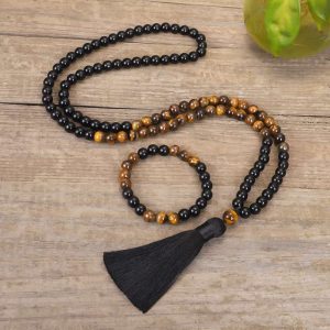 Buddha Stones Tibetan Black Onyx Tiger Eye Protection Necklace Mala Set Mala Bracelet BS Bracelet + Mala