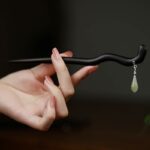 Buddha Stones 925 Sterling Silver Natural Hetian Jade Ebony Wood Luck Charm Hairpin Hairpin BS 5