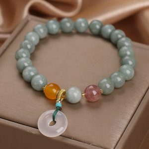 Buddha Stones Natural Jade Strawberry Quartz Bead Peace Buckle Prosperity Bracelet Bracelet BS Jade(Prosperity♥Abundance)(Wrist Circumference 14-17cm)