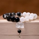 Buddha Stones Silver Sheen Obsidian Crackle Clear Quartz Black Rutilated Quartz Yin Yang Lotus Protection Bracelet Bracelet BS 4