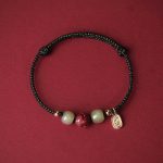 Buddha Stones 14K Gold Plated Hetian Jade Cinnabar Lotus Luck Handcrafted Rope Bracelet Bracelet BS Black Rope(Wrist Circumference 13-18cm)