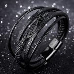 Buddha Stones Feather Pattern Multilayer Leather Titanium Steel Calm Braided Magnetic Buckle Bracelet Bracelet BS 9