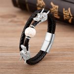 Buddha Stones Double Dragon Head Leather Stone Titanium Steel Success Bracelet (Extra 35% Off | USE CODE: FS35) Bracelet BS Silver White Bead